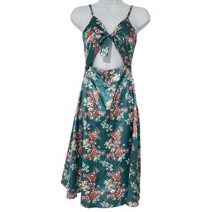 Boho Midi Satin Floral Turquois Slit Dress